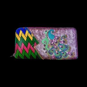 Catchfly Metallic Pink Embroidered Peacock Wallet Multicolor Floral Blue Yellow
